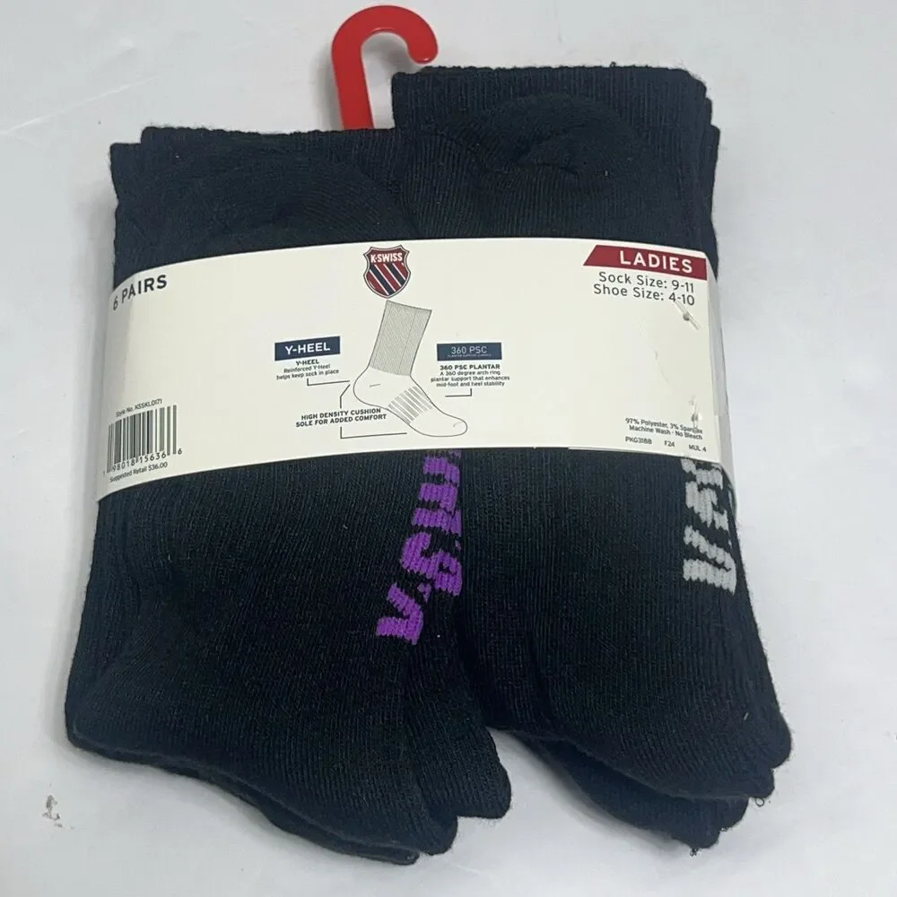 K-Swiss Ladies Black Shoe Size 4-10 Crew Socks 6‎ Pairs NEW $36 Arch Ring